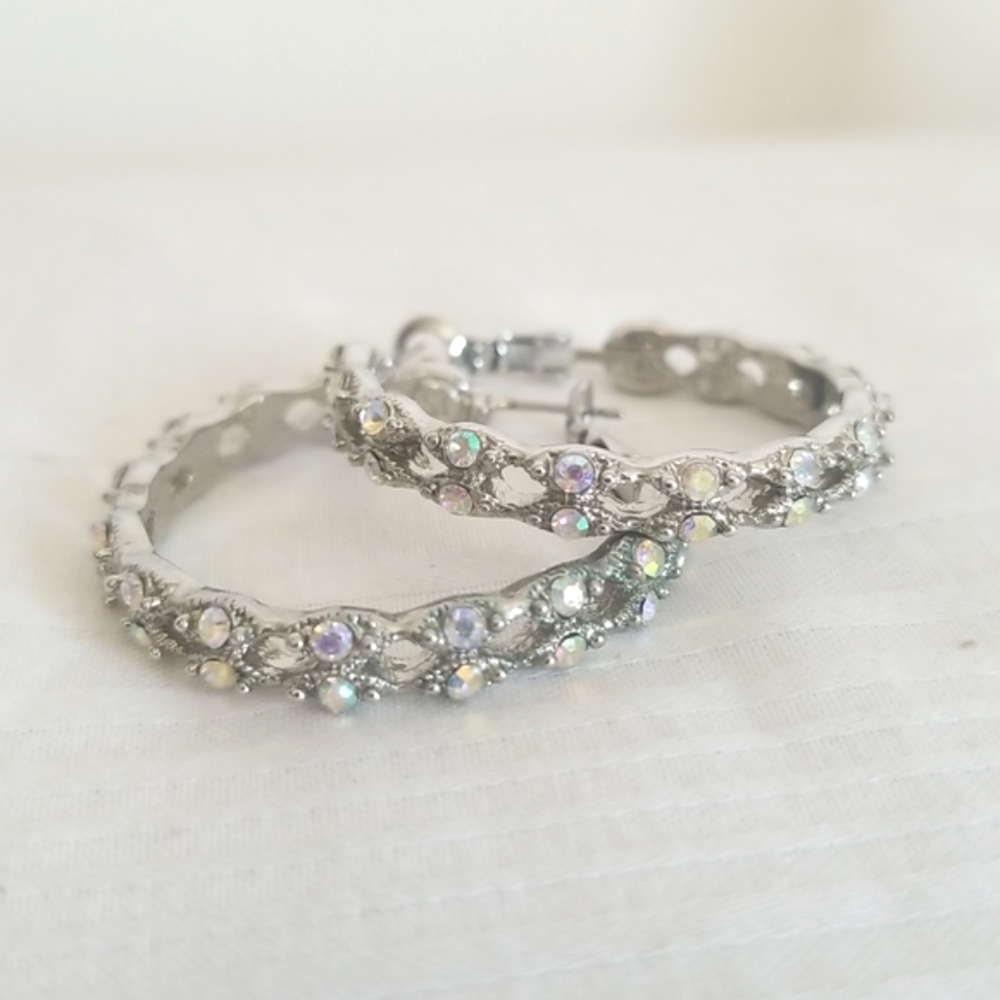 Silver Iridescent Rhinestone Hoop Earrings